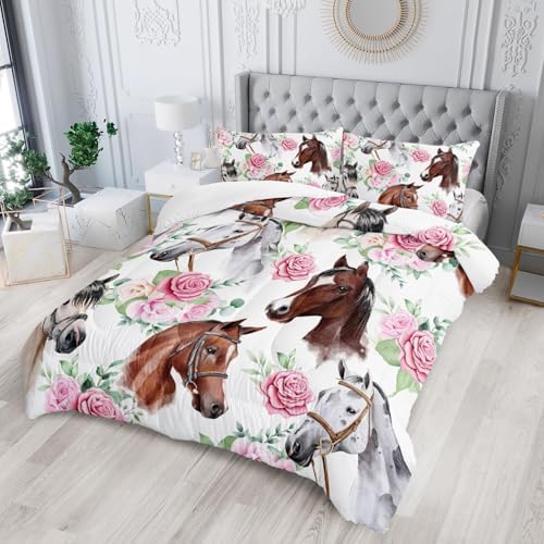 Nttopship Horse and Flower 3 Piece Comforter Set