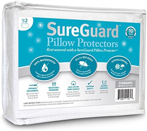 SureGuard Pillow Protectors Set of 2 - 100 Waterproof Hypoallergenic