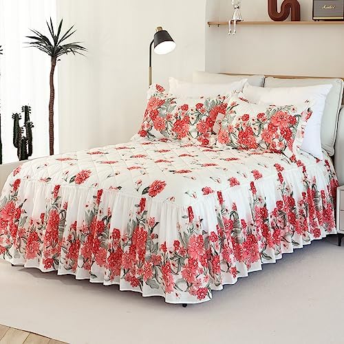 EVENHUG Red Floral 100 Cotton King Size Bedspread Set