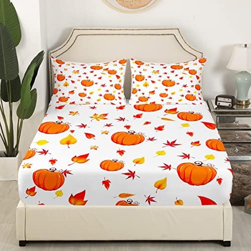 Erosebridal Fall Pumpkin Queen Sheet Set with Maple Leaves and Deep Pockets