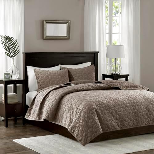 Madison Park Harper Velvet Quilt Set - 3 Piece Taupe FullQueen
