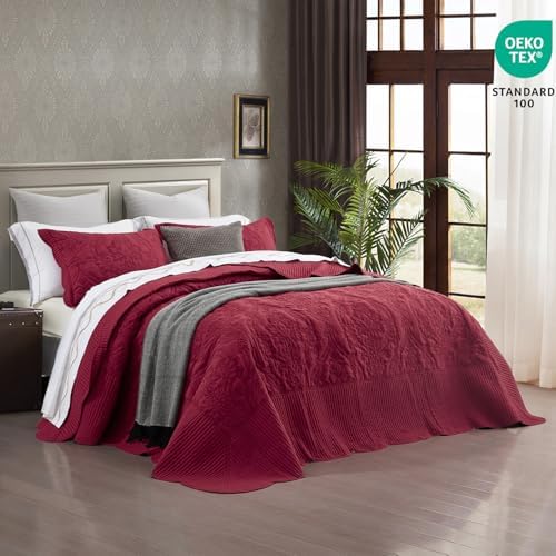 CHIXIN Reversible Bedspread Set - Damask Paisley Wine Red Full Size