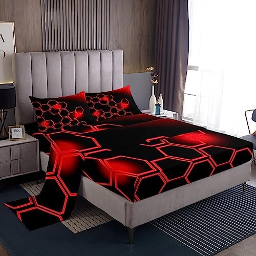 Feelyou Red and Black Honeycomb Sheet Set Queen Size