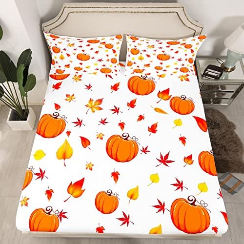 Erosebridal Fall Pumpkin Queen Sheet Set with Maple Leaves and Deep Pockets