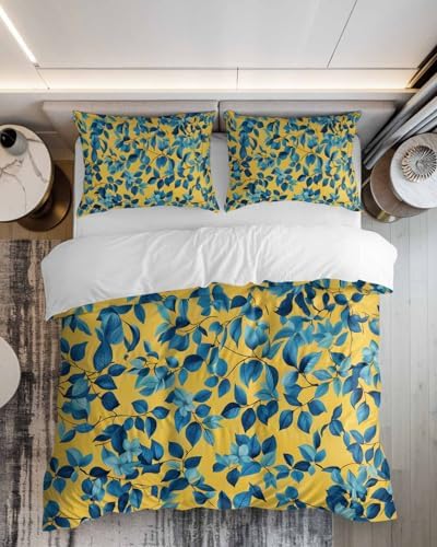 ZOE GARDEN Blue Leaf Duvet Cover Set Queen Size 3 Piece