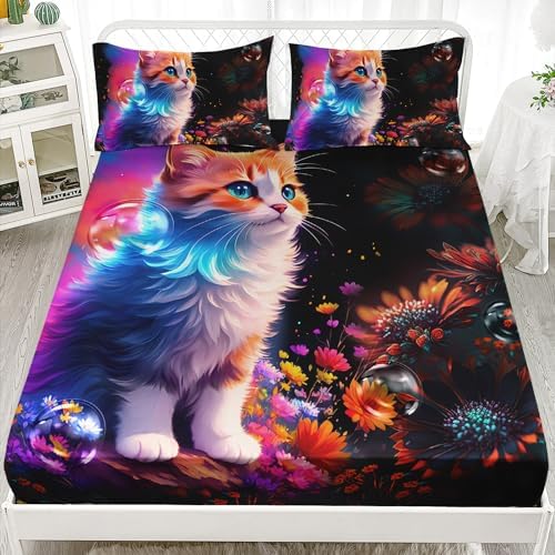 Kawaii Cat Fitted Sheet Set 3Pcs for Kids and Adults