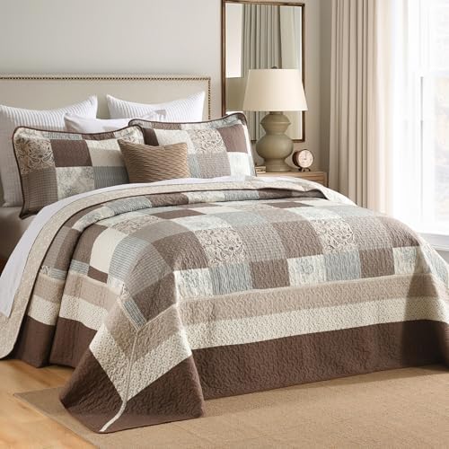 100 Cotton Queen Bedspread Set 120x102 Reversible Plaid Paisley
