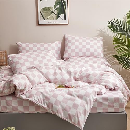 Wellboo Pink White Plaid Queen Bed Sheet Set