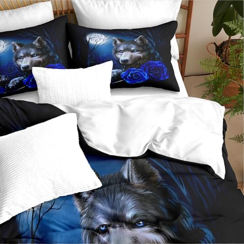 Wolf King Bedding Set Blue Flower Microfiber