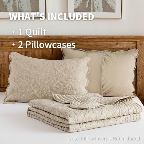Meadow Park Embroidered Quilt Set Queen Size 3 Pieces Khaki