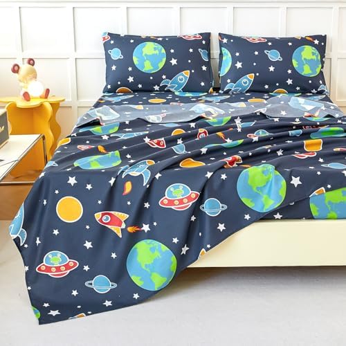WINLIFE Galaxy Bed Sheet Set Twin Navy Blue for Kids