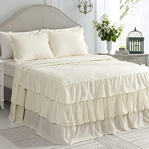 CHIXIN Ruffle Skirt Bedspread King Size - Ivory 3 Piece Set