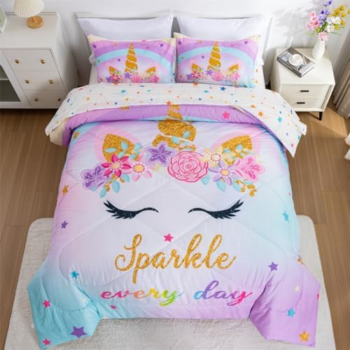 NTBED Unicorn Twin Comforter Set with Sheets Blue Purple