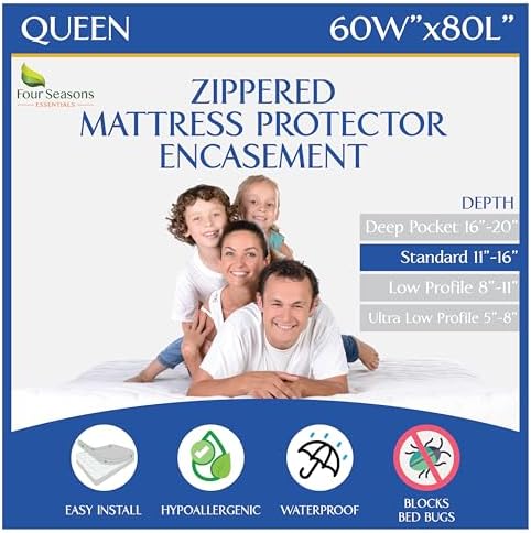 Four Seasons Essentials Queen Mattress Encasement - Waterproof Dust Mite Bedbug Pet Hair Protection