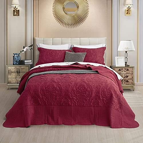 CHIXIN Reversible Bedspread Set - Damask Paisley Wine Red Full Size