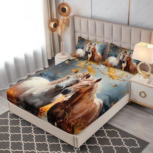 UEVBF White Brown Horses Full Size Fitted Sheet Set