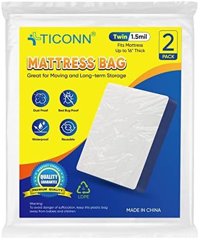 TICONN 2PK Plastic Mattress Bags Twin 15 Mil Waterproof Encasements