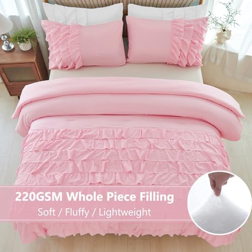 PERFEMET Pink Ruffle Comforter Set Full Size 3 Pieces