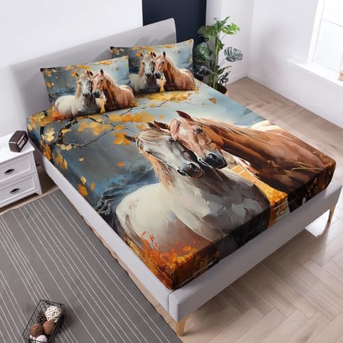 UEVBF White Brown Horses Full Size Fitted Sheet Set
