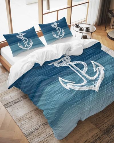 Nautical White Anchor Duvet Cover Queen Set