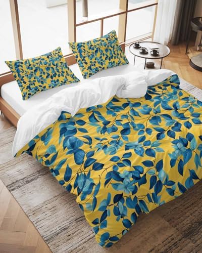 ZOE GARDEN Blue Leaf Duvet Cover Set Queen Size 3 Piece