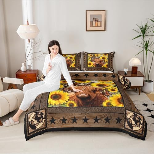 Homewish Highland Cow Sunflowers Comforter Set King Size