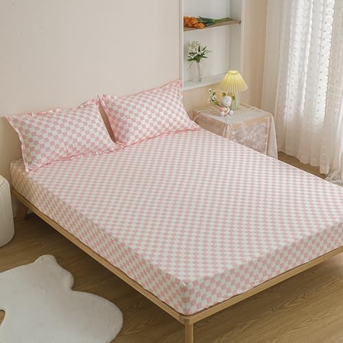 Wellboo Pink White Plaid Queen Bed Sheet Set