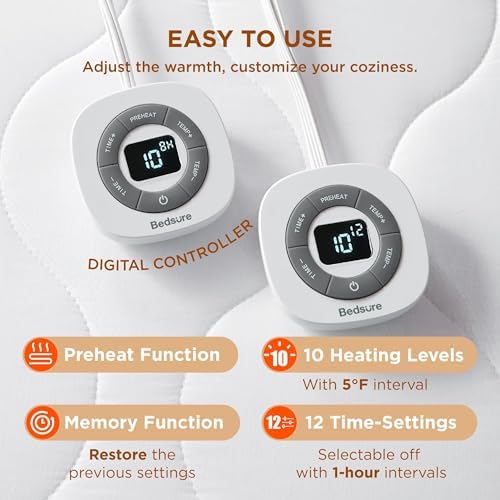 Bedsure Heated Mattress Pad Queen - 10 Heat Settings Waterproof Dual Controller