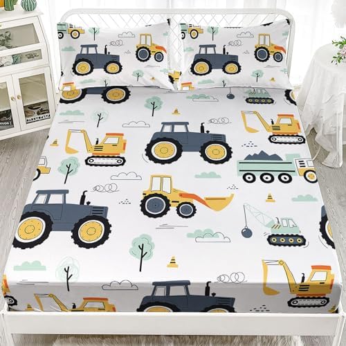 Smell Sunshine Truck Sheets Set 4PCS Kids Bedding with Crane Excavator Print
