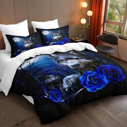 Wolf King Bedding Set Blue Flower Microfiber