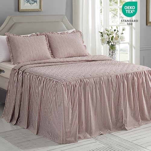 CHIXIN Ticking Stripe Ruffle Skirt Bedspread 3 Piece Set - Burgundy Red