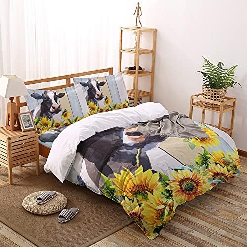 LooPoP 4PCS California King Comforter Set with Farm Cow Sunflower Design
