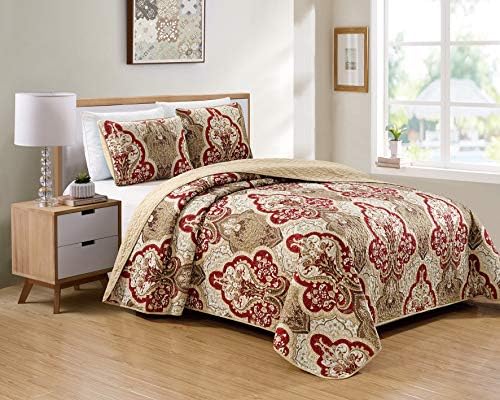 Better Home Style 3-Piece Luxury Taupe Burgundy Floral Bedspread Set