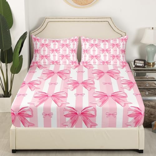 Feelyou Pink Bowknot Fitted Sheet Set Queen Size