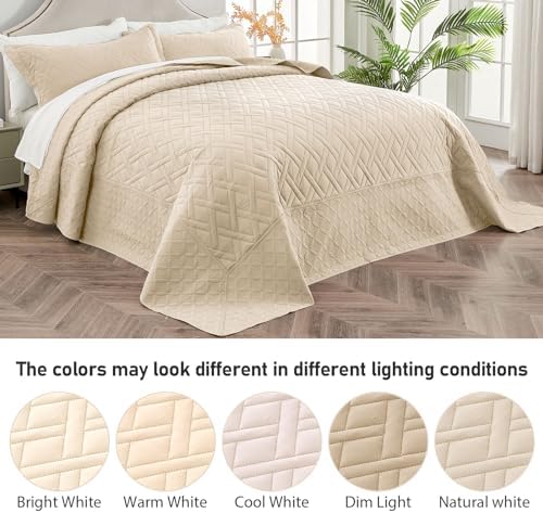 Qucover King Bedspread Set 128x120 Beige Microfiber