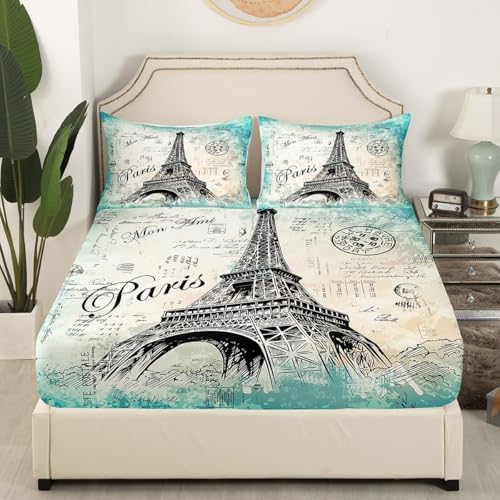 Feelyou Eiffel Tower Fitted Sheet Bedding Set Queen Size