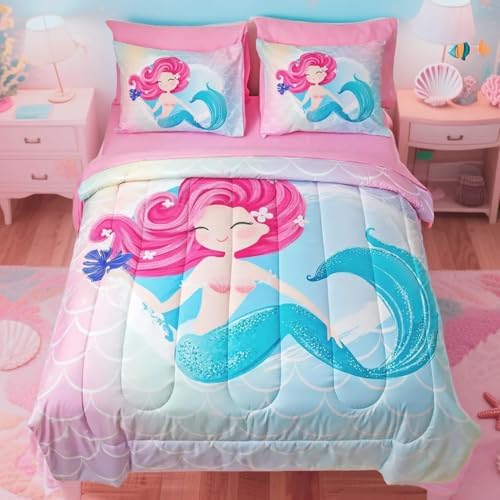 Mermaid Kids Comforter Set Purple Sea Princess Queen Bedding