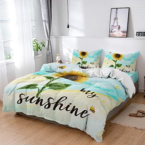 LooPoP 4PCS California King Bedding Set Sunflower with Bees Duvet Cover Set