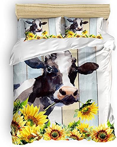 LooPoP 4PCS California King Comforter Set with Farm Cow Sunflower Design
