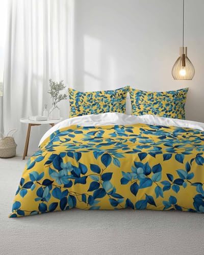 ZOE GARDEN Blue Leaf Duvet Cover Set Queen Size 3 Piece