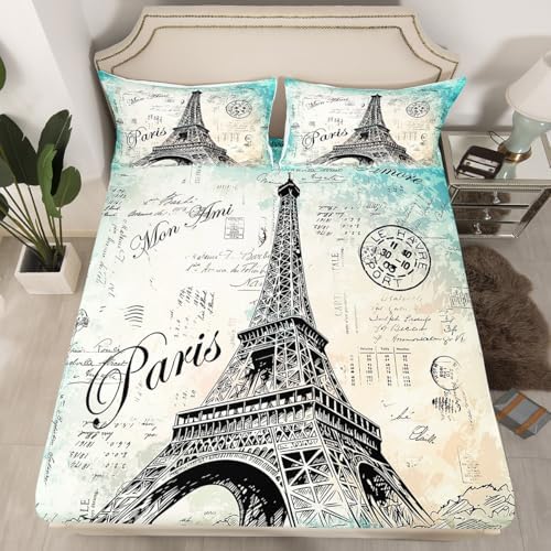 Feelyou Eiffel Tower Fitted Sheet Bedding Set Queen Size