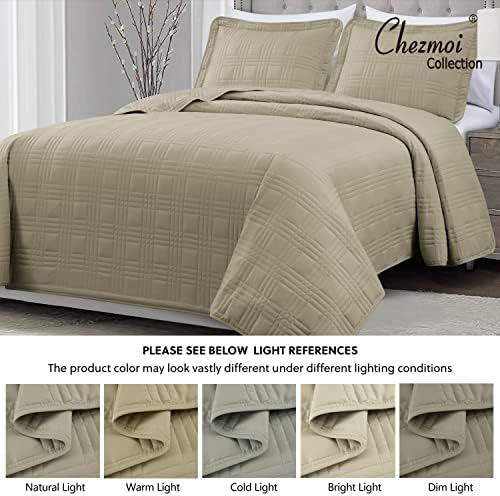 Chezmoi Collection Kingston Queen Size Bedspread Set 3-Piece Khaki Microfiber
