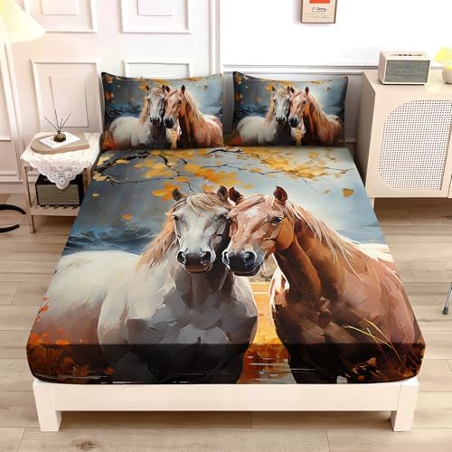 UEVBF White Brown Horses Full Size Fitted Sheet Set