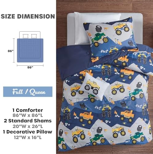MI ZONE Kids Monster Truck Queen Comforter Set Blue