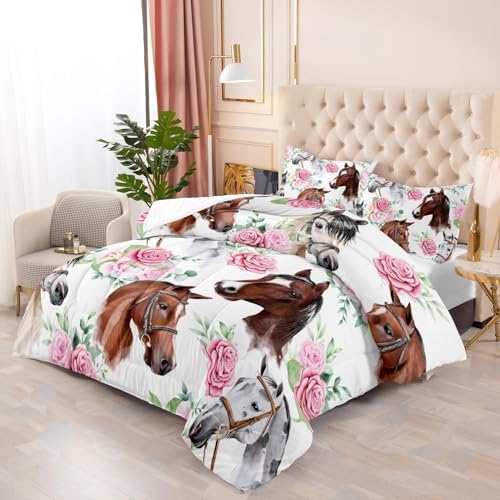 Nttopship Horse and Flower 3 Piece Comforter Set