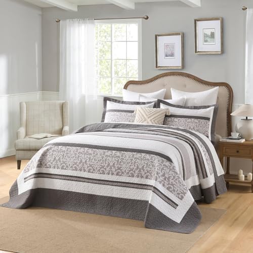 Bedduvit Oversized Queen Bedspread Set 3pcs - Farmhouse Striped Botanical Bedspread Coverlet