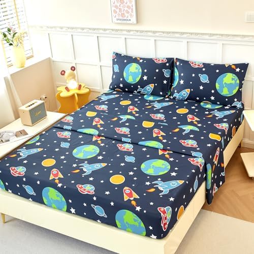WINLIFE Galaxy Bed Sheet Set Twin Navy Blue for Kids
