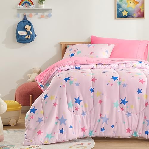 SLEEP ZONE Kids Comforter Set Twin Size Pink Stars