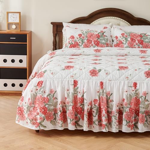 EVENHUG Red Floral 100 Cotton King Size Bedspread Set
