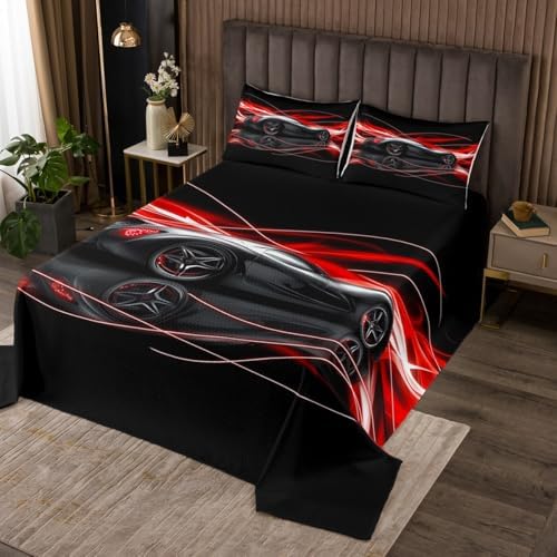 Jejeloiu Racing Car Bedspread Twin Size Red Coverlet Set